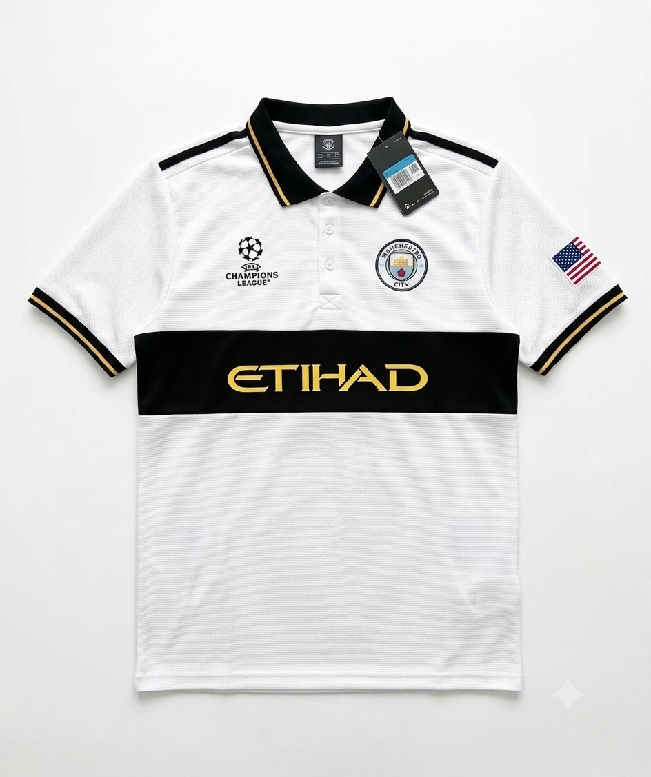 Manchester City UEFA Champions League White & Black Polo Jersey