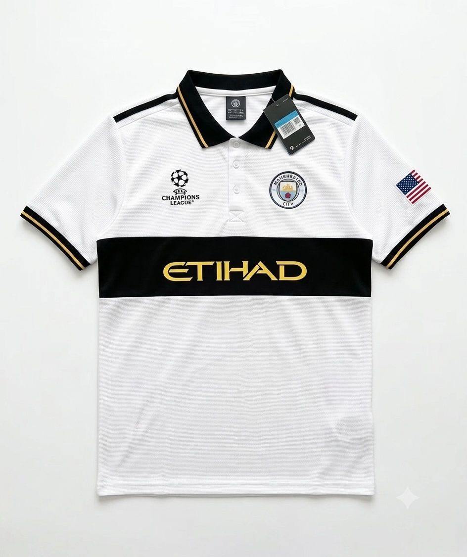 Manchester City UEFA Champions League White & Black Polo Jersey